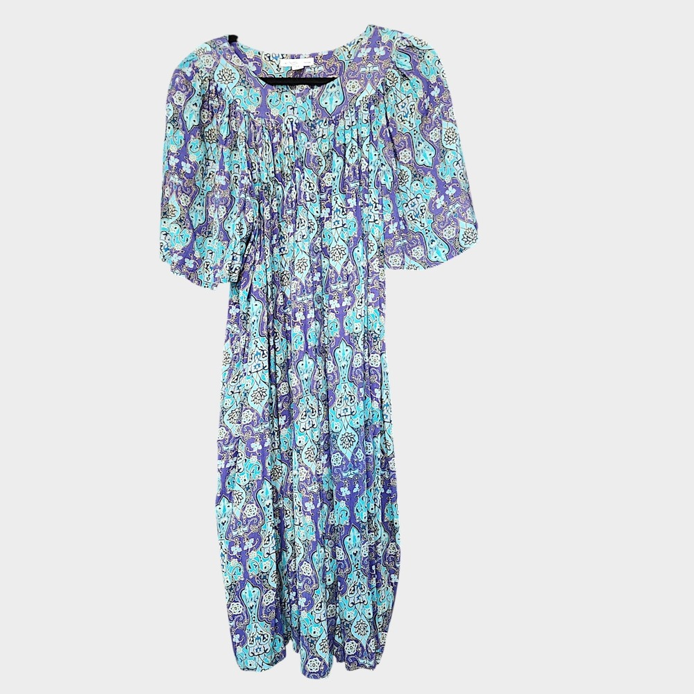 Go Softly Patio Dress Women's S Petite Purple Paisley Rayon Pleated Midi Pockets